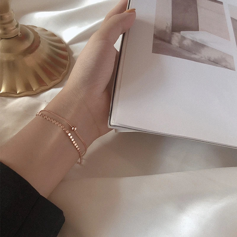 Silvology 925 Sterling Silver Double Layer Flat Round Beads Bracelets for Women Rose Gold Elegant Bracelets 925 Festival Jewelry 250102