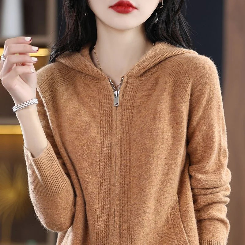autumn womens cardigan jacket Korean loose zipper hoodie cashmere knitted cardigan womens sweater jacket 241230