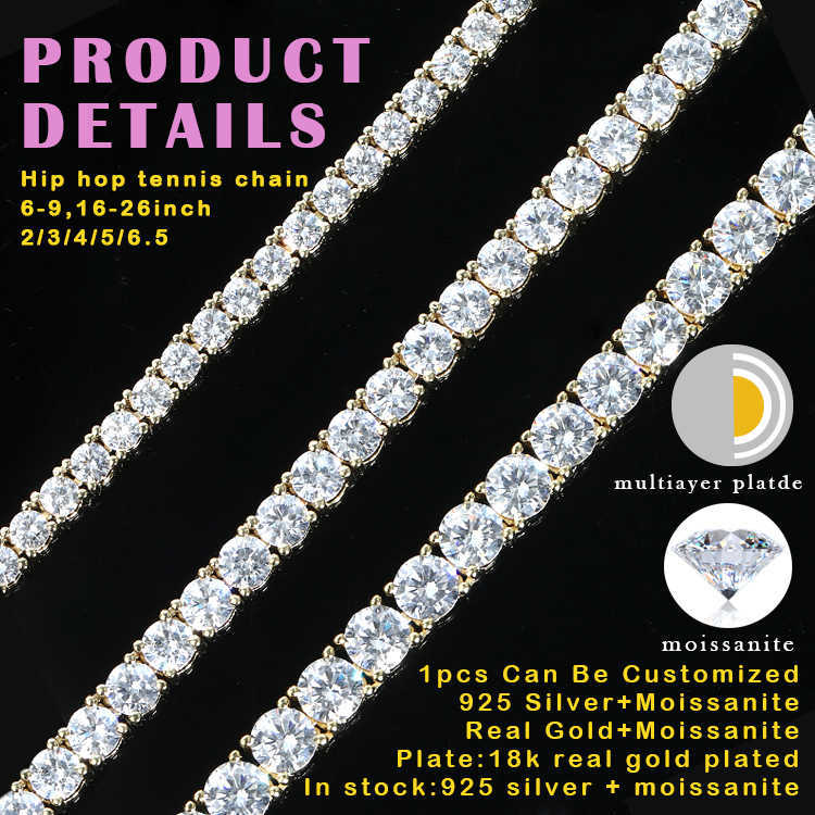 RTS Top Quality 4mm VVS Moissanite Gold Plated 925 Silver Tennis Chain Necklace For Hiphop Jewelry