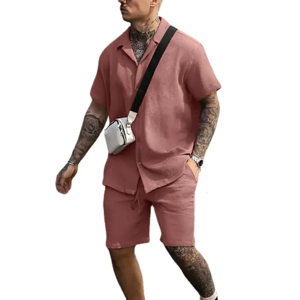 2024 Summer Solid Casual Losse Mens Sets Soft Single Breasted Shirts Shorts 2 Pieces Sets for Men Fashoin Polo Sweatpants Suit 250102