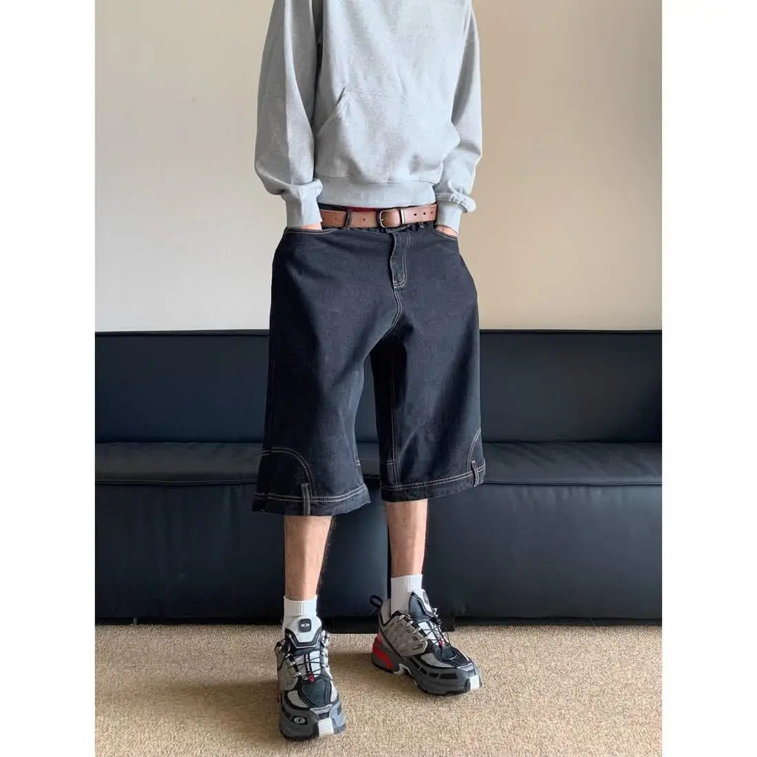 American style retro waistband inverted men denim shorts ins Gothic loose casual straight leg pants sweatpants 241224