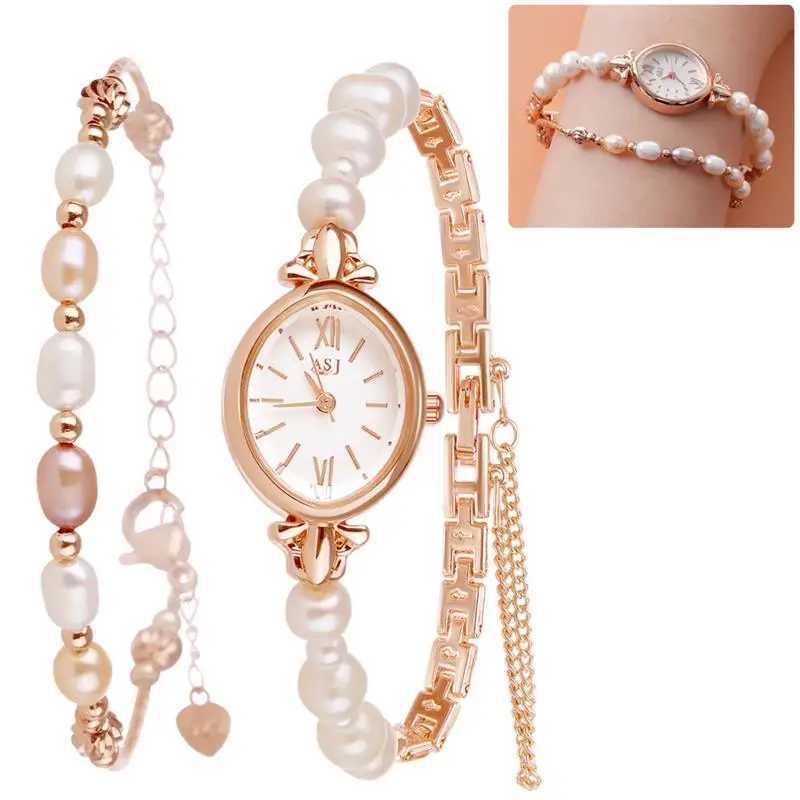 Pearl and Bracelet Set Elegant Womens Waterproof Quartz Suitable for Women Rose Gold Comes with Natural Pearl Gift W250104