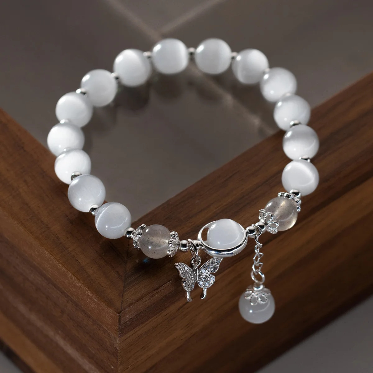 1 piece/batch S925 silver zircon butterfly with 8mm cat eye stone womens bracelet 14-23cm elastic rope beautiful opal jewelry wristband 250102