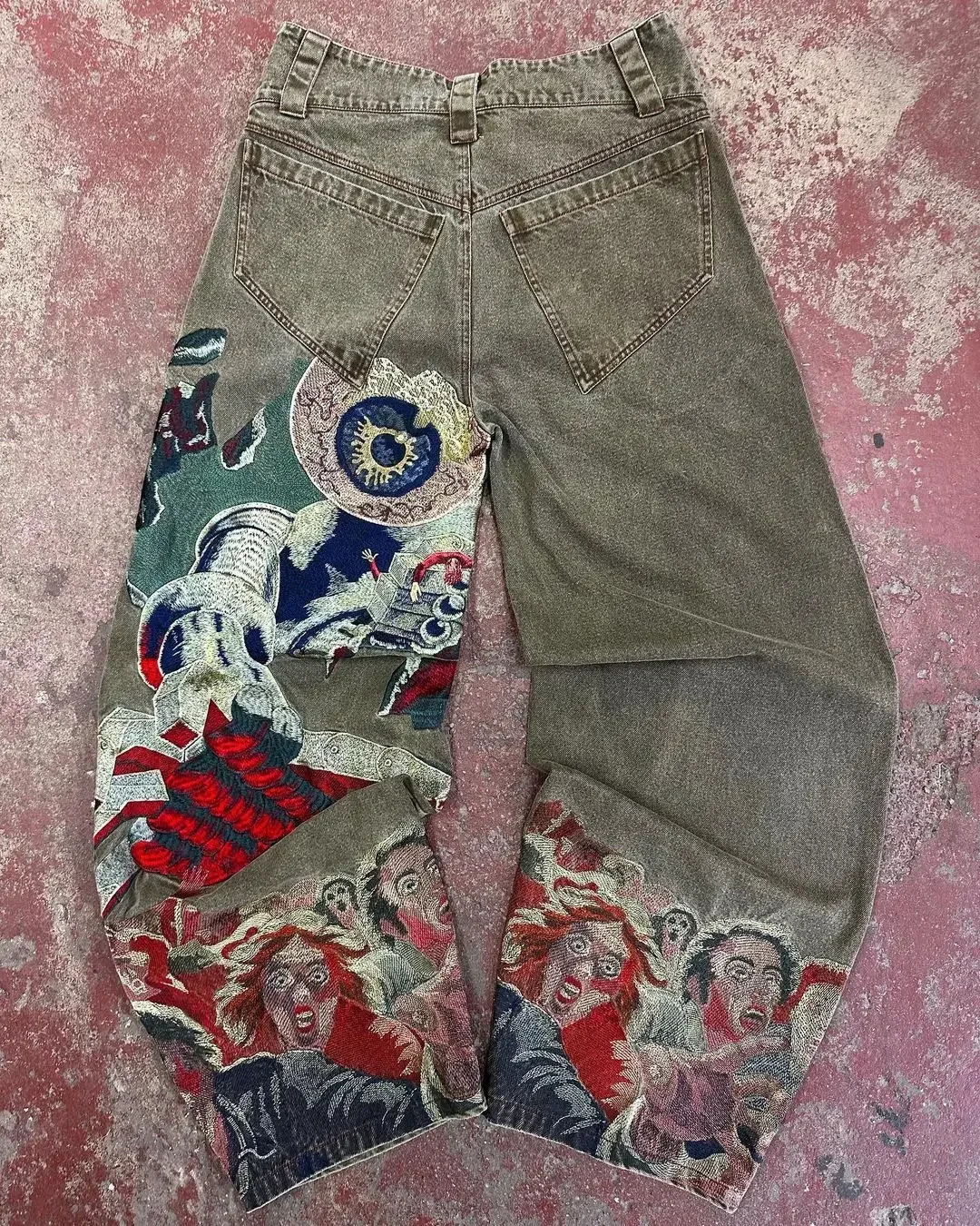 Streetwear Retro Jeans Mens Y2K Hip Hop Abstract Graphic Embroidered Baggy Jeans Harajuku Gothic High Waisted Wide Leg Trousers 250103