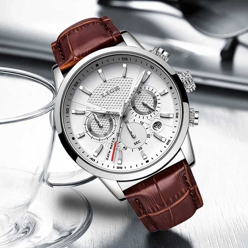 LIGE 2023 Mens Fashion Sports Quartz Watch Mens Top Leather Military Waterproof Date Relogio Masculino W250104