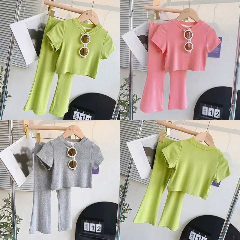 Summer 3-9-year-old childrens and girls casual short sleeved T-shirt top+mini flash pants childrens track and field clothing 2PC setXJ250410