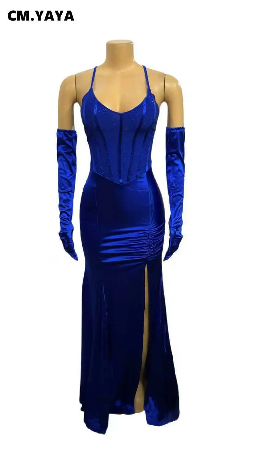 CM.YAYA Women Diamonds Sequined Long Sleeve Gloves Bodycon Long Mermaid Maxi Dress Birthday Evening Sexy Party Dresses Vestidos 250103