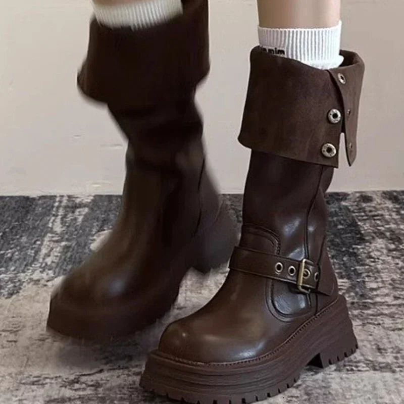 2024 Vintage Winter Women Western Cowgirl Boots Fashion Slip on Modern Long Booties Ladies Elegant Thick Heels Botas Mujer 35-40 250103