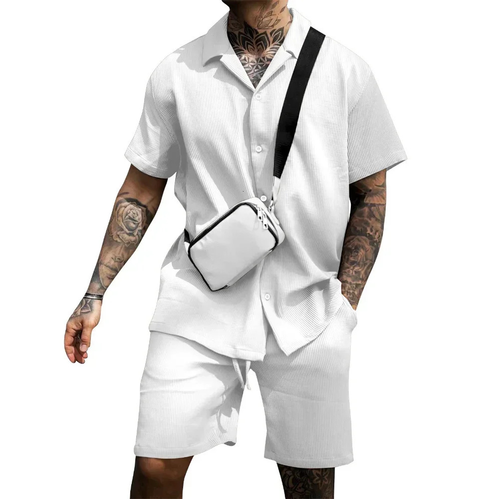 2024 Summer Solid Casual Losse Mens Sets Soft Single Breasted Shirts Shorts 2 Pieces Sets for Men Fashoin Polo Sweatpants Suit 250102