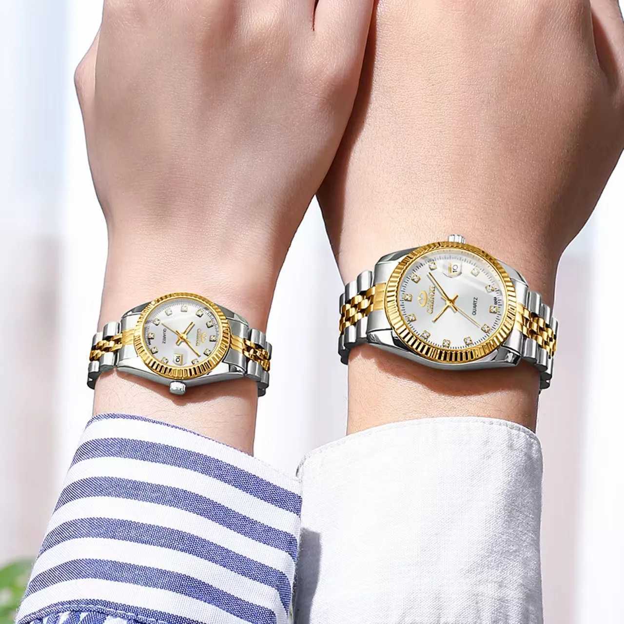 Mens and womens silver gold steel his and her quartz set waterproof luminous simulated quartz W250104