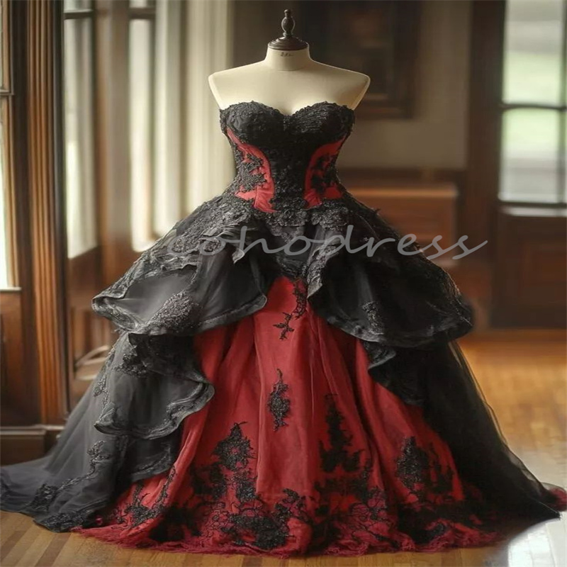 Victorian Gothic Black And Red Wedding Dress Vampire Renaissance Ball Gown Medieval Bride Dress Ruffles Aesthetic Costume Halloween Bridal Gowns Vesti