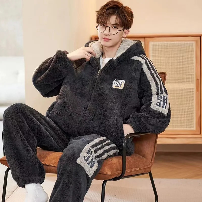 Male Zipper Pajamas Sets Winter Coral Fleece Warm Thickened Sleepwear MenThermal Flannel Pyjamas Turtleneck Lounge 250103