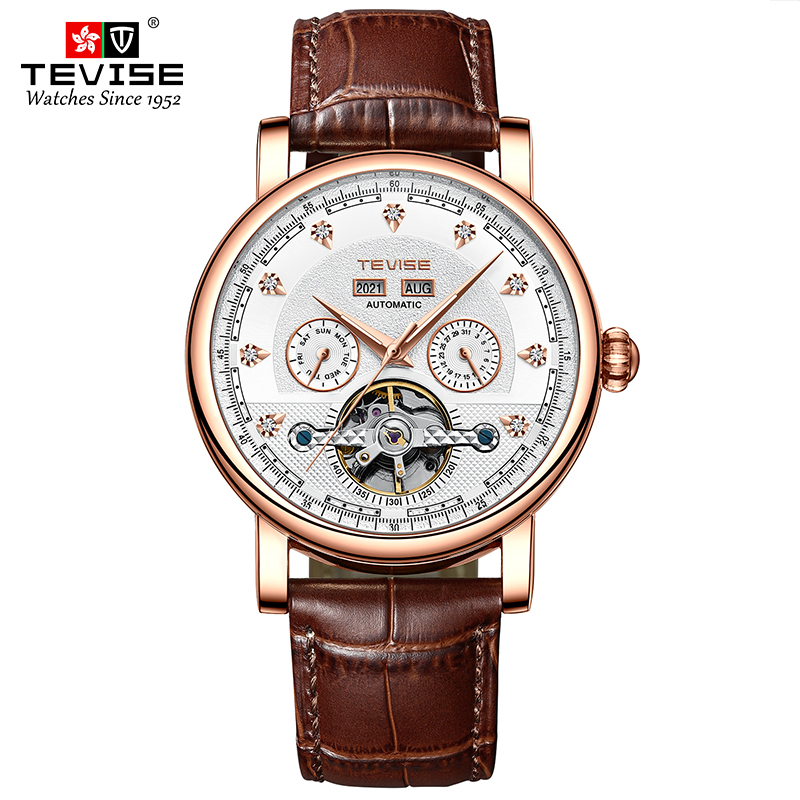 TEVISE Automatic Mechanical Watch Mens Business Fashion Mens Mechanical Wristwatch Waterproof Leather Watch T023 T867C
