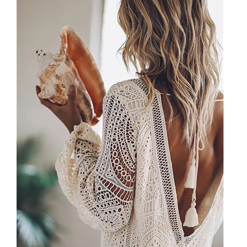 Womens sexy Bohemian hollow backless deep V-neck white beach dress long sleeved lace fringe casual mini dress 250103