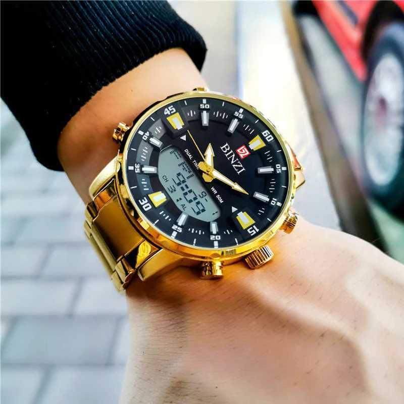 Top luxury mens watch waterproof sports digital mens LED steel military quartz gold large dial clock W250104