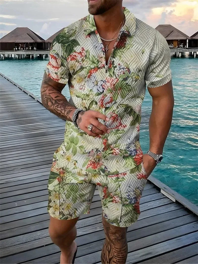 Men Tracksuit 2 pcs sets Floral Print 3D Zipper Lapel Polo Short Sleeve T Shirt and Shorts Casual Zip-Up Polo Shirt Man er 250102