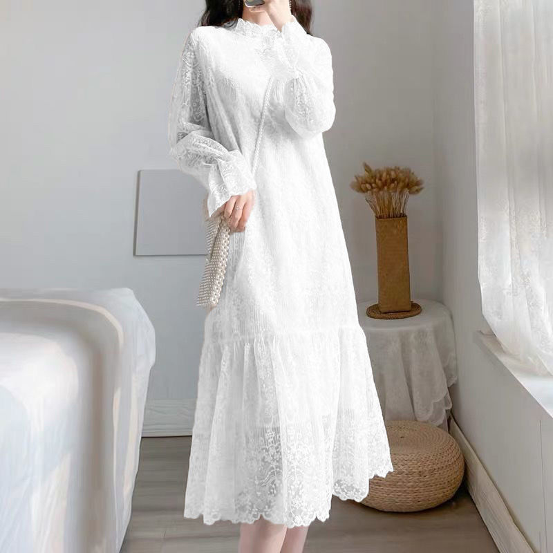 Y395609 Temperament gentle drape lace dress autumn and winter new mid-length plus velvet inner long-sleeved bottoming skirt