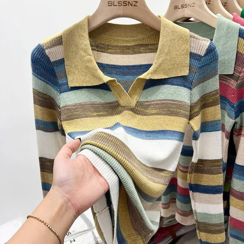 Polo neck womens long sleeved top striped clothing knitted youth provides fashionable and elegant summer womens cotton T-shirt 250103