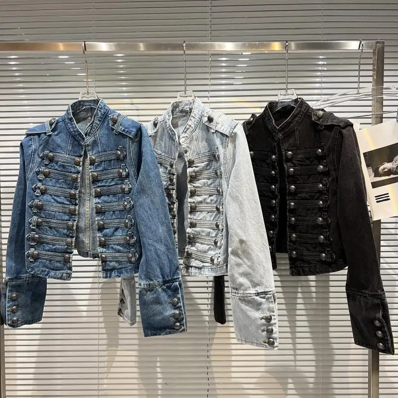 Autumn Fashion Tops Classical Metal Rib Buckle Korean Style High-end Shoulder Straps Washed Denim Short Jacket 250103