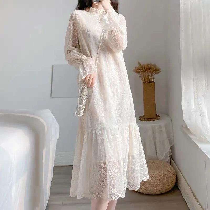 Y395609 Temperament gentle drape lace dress autumn and winter new mid-length plus velvet inner long-sleeved bottoming skirt
