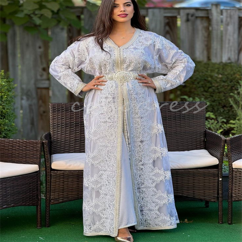 Turkish Moroccan Arabian Evening Dress Appliques Lace Caftan Marocaine Plus Size Prom Dress Long Sleeve Algerian Karakou Dubai Abaya Party robe de soi