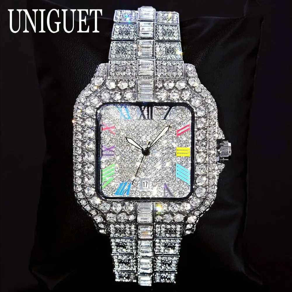 UNIGUET Mens Gold D Quartz Fashion Color Roman Square Mens Hip Hop Diamond AAA Jewelry Watch Gift 2025 W250104