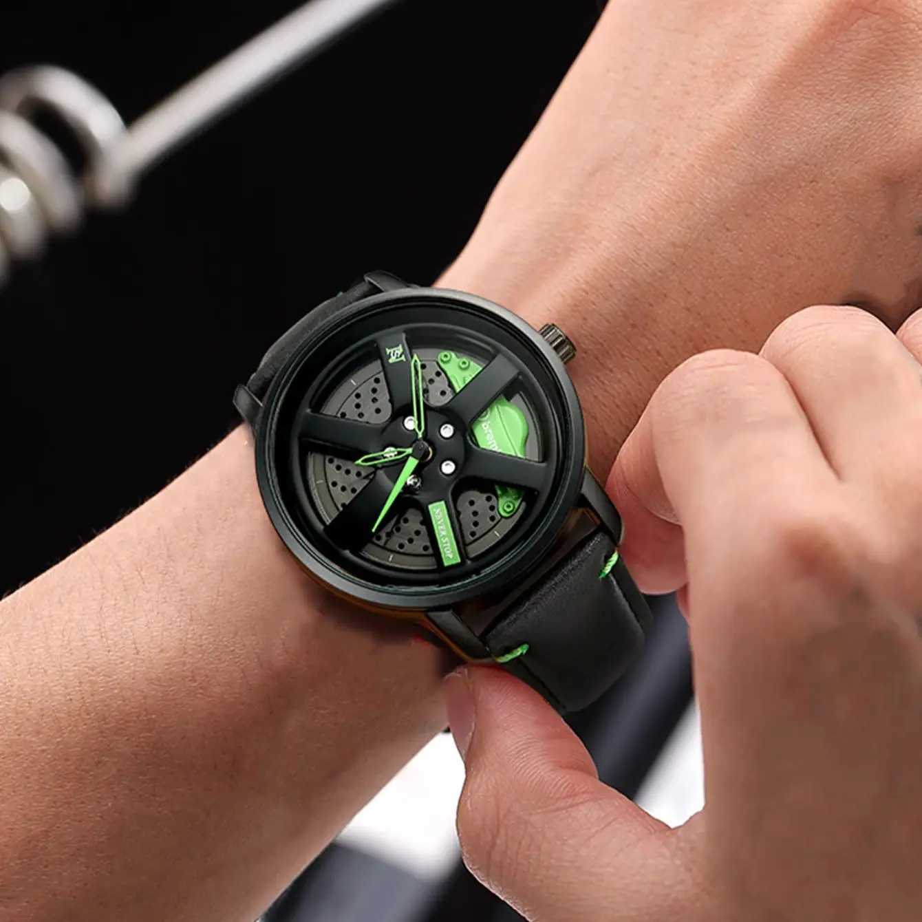 Mens Wheel Hub Mini Fashion Sports Calendar Leather Casual Quartz W250104