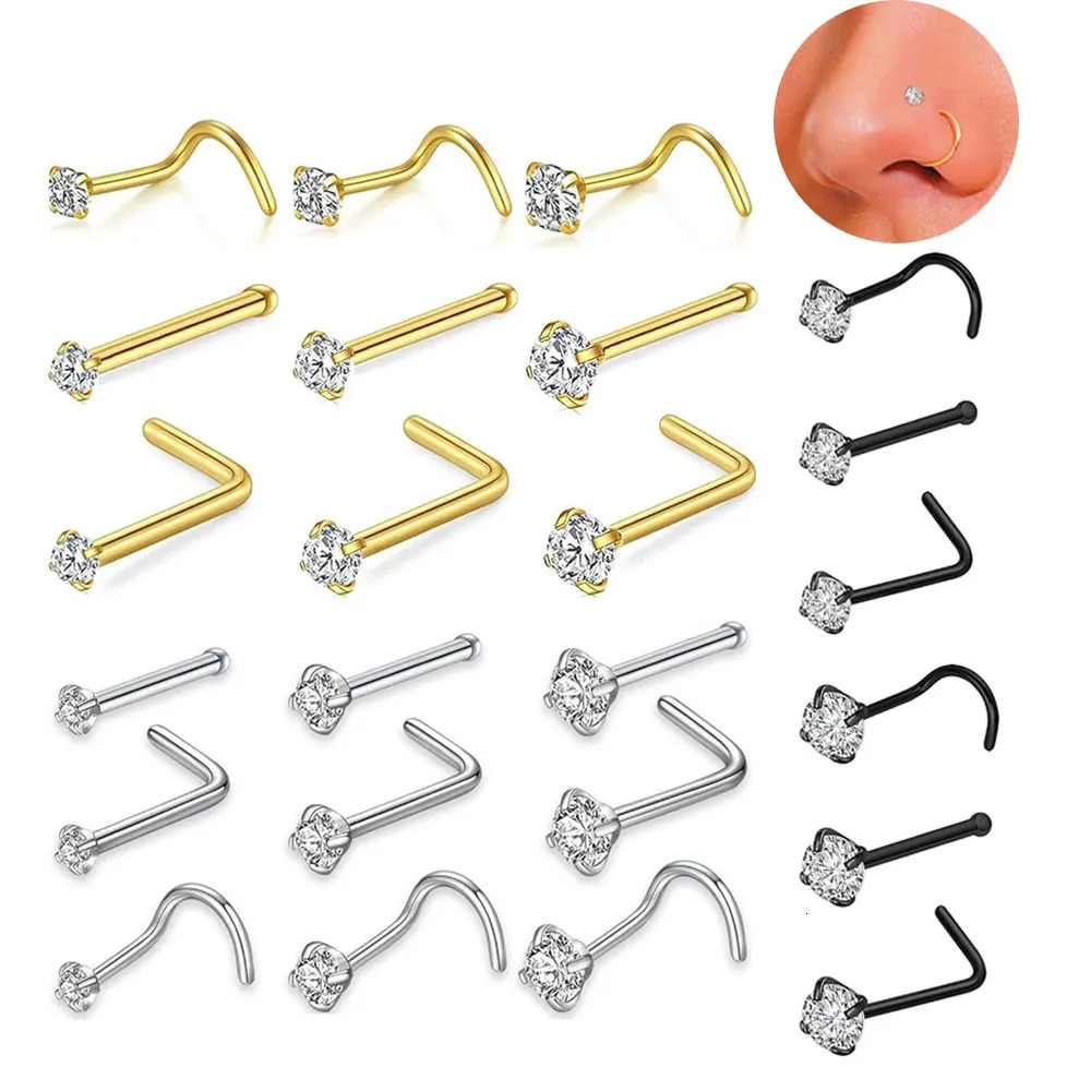 100Pcs 20G Stainless Steel Nose Ring Hypoallergenic L-Shaped Studs for Men and Women Stylish Nose Piercing Jewelry Golden Screw 250103