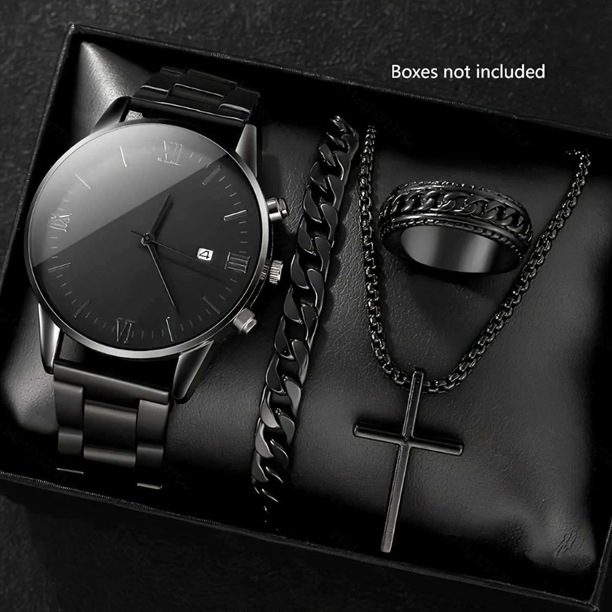 4-piece set simple quartz pointer with calendar black hip-hop style cross pendant necklace Birtay gift W250104