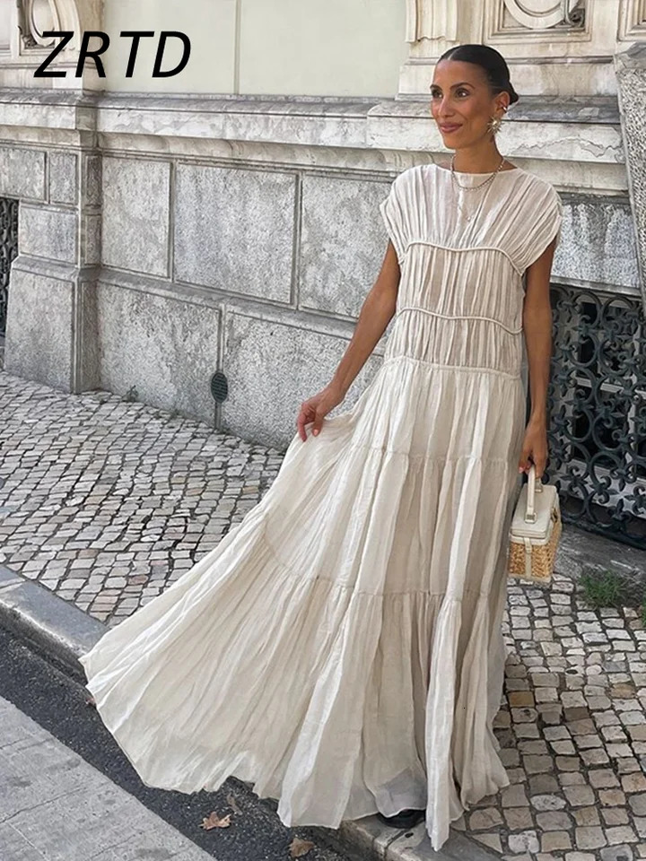 Elegant ruffled backless long party dress for women loose O-neck sleeveless high waisted womens dress 2025 spring womens solid robe 250103