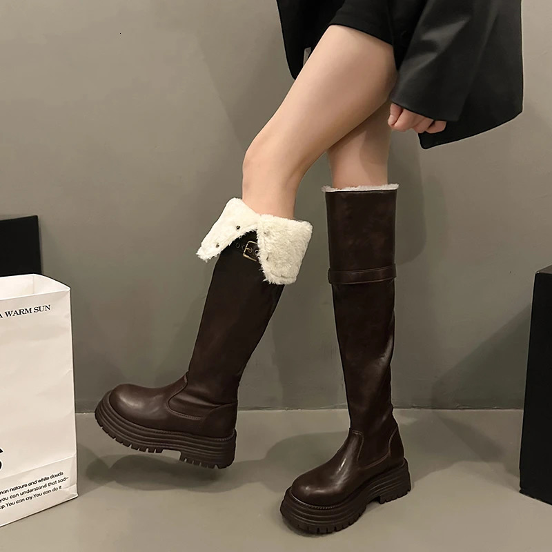 Winter Women Warm Cotton Knee High Boots Elegant Slip On Shoes Concise Thick Heel Long Botas De Mujer 250103
