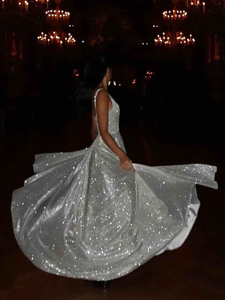 Womens Elegant Silver High Waist A-line Dress Fashionable Backless Square Neck Strap Dress 2025 Shining Party Club Womens Robe 241230