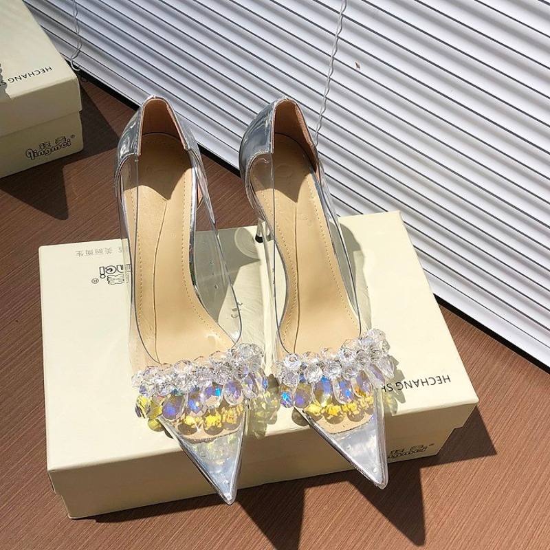 2024 Fashion Sier Rhie Bow Sandals For Womentransparent Women's Mid Heels Stiletto Sexy Bridal Party Wedding Dress Shoes