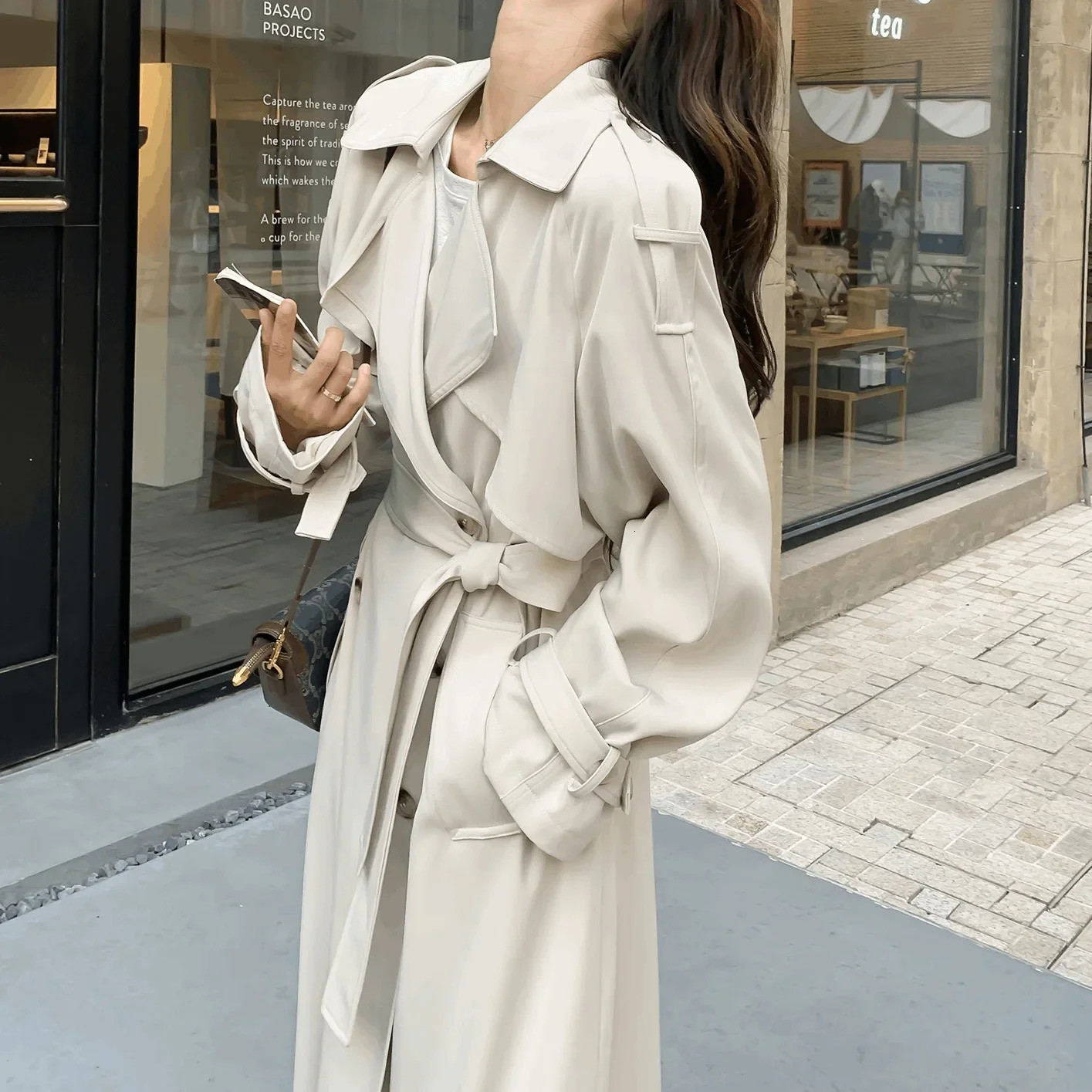Loose Long Trench Coat In Beige Autumn 2024 Double Breasted Sleeve Elegant Slimming Korean Style Womens Outerwear 250102