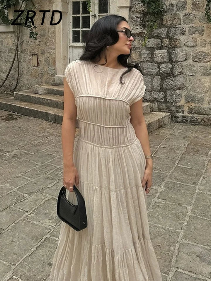 Elegant ruffled backless long party dress for women loose O-neck sleeveless high waisted womens dress 2025 spring womens solid robe 250103