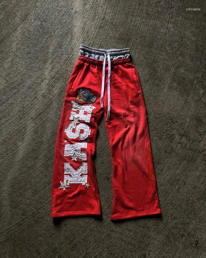 Long Jogging Pants Retro Red Y2K with Letter Patch Embroidery, Loose Elastic Waist Cool Mens Sweatpants