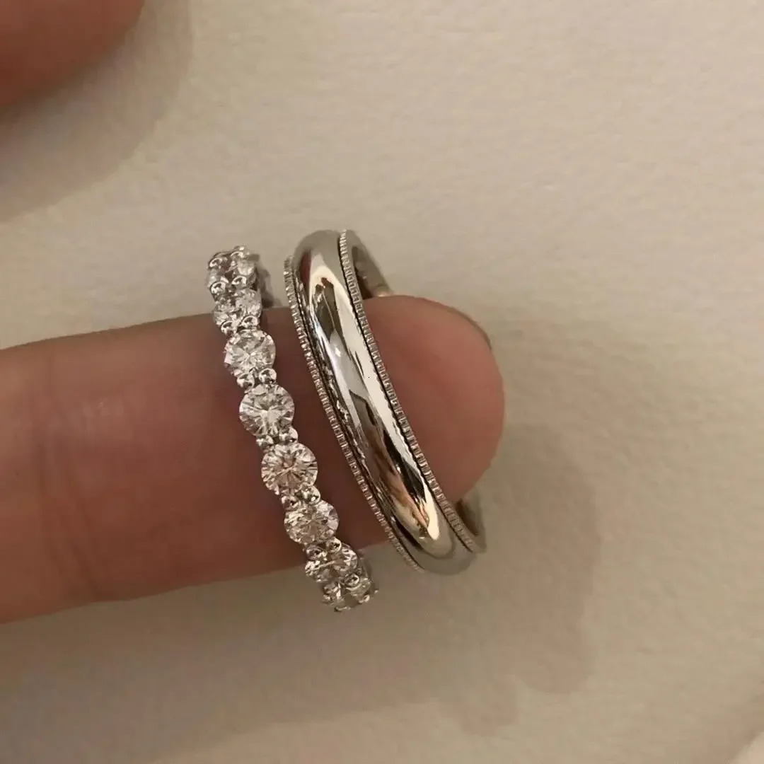 S925 Sterling Silver Simple Versatile Romantic Couple Marriage Proposal Ring Stacked Wearing Full Circle Diamond Men Diamond 250103