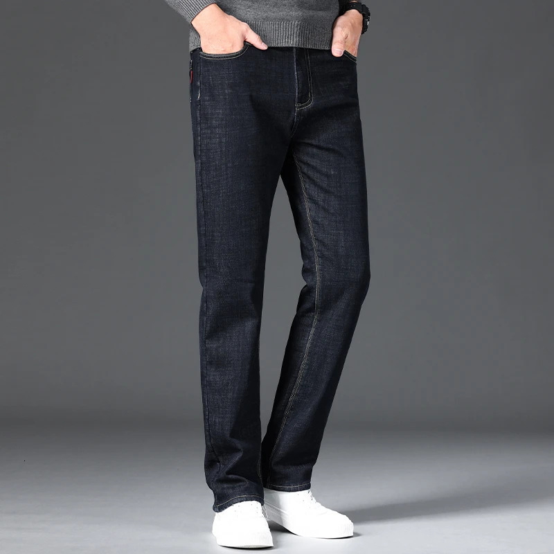 Men Winter Fleece Warm Jeans Fashion Business Pants Retro Classic Denim Trousers Autumn Casual Stretch Slim Jeans Men 241230