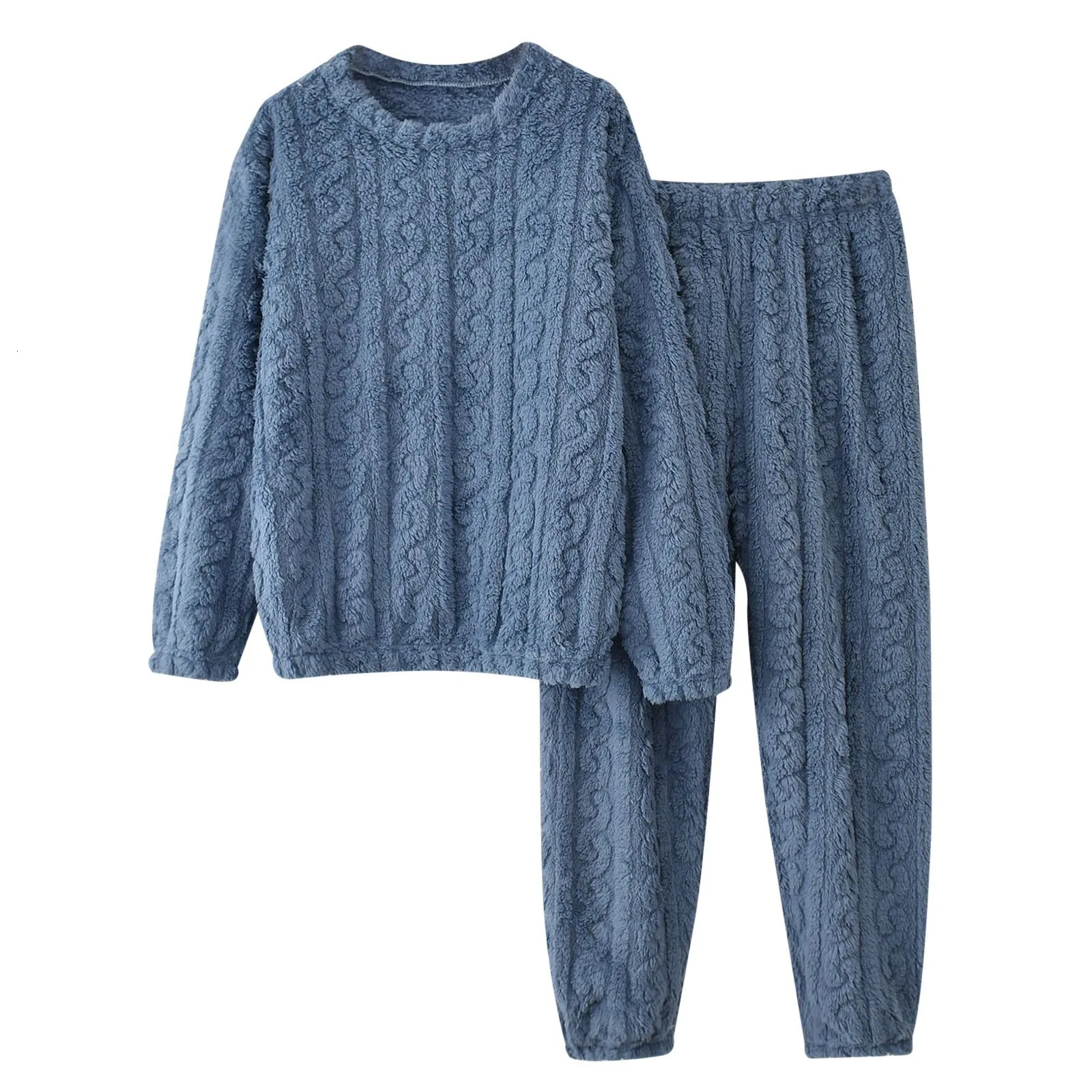 Coral Fleece Sleepwear 2 Piece Set Men Women Autumn Winter Warm Flannel Pajamas Suits Solid Color Pullovers TopsTrousers Suit 250103