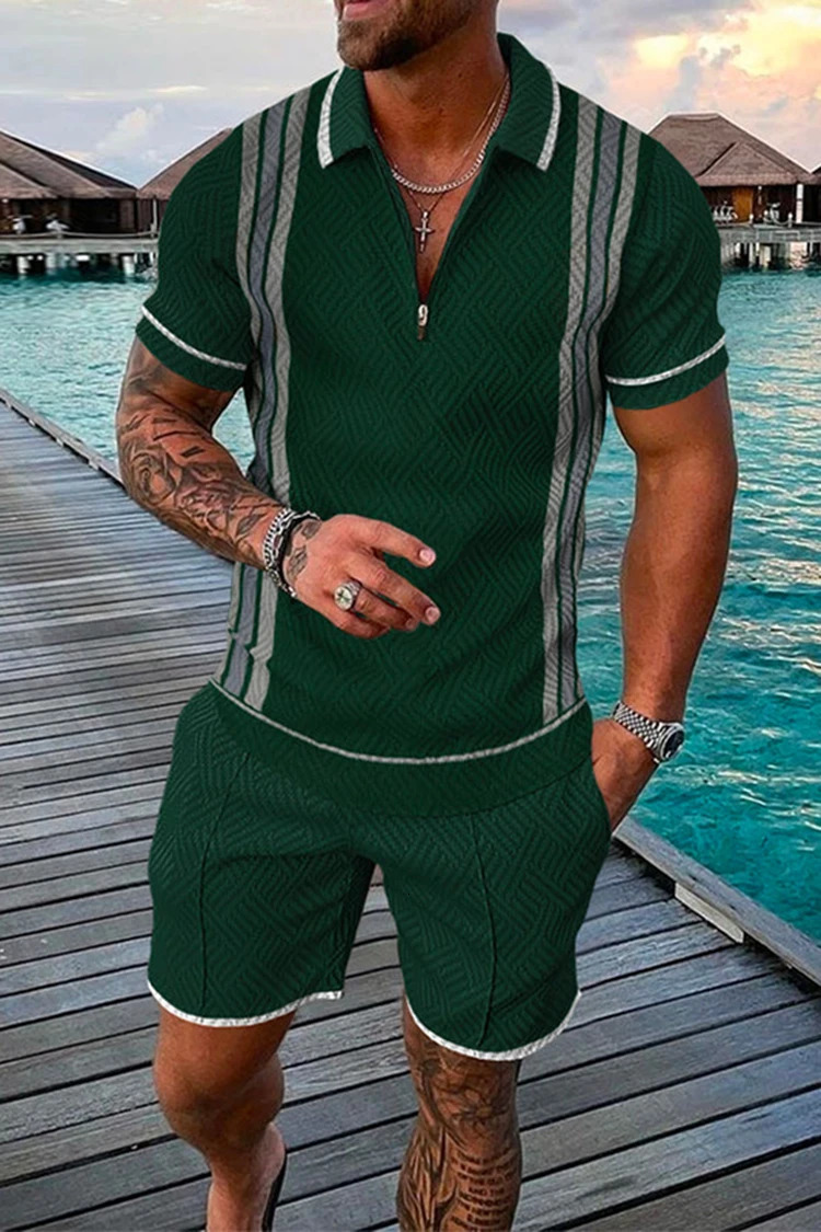 Men Summer Polo Shirt Set 2 Pieces Hawaii Tracksuit Casual Business Suit Fashion Trun Down Collar Zipper Clothing Vintage Outfit 250102