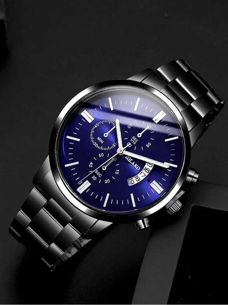 2PC Mens Busin Gentlemens Steel Belt Calendar Quartz+Chain Bracelet Set W250104