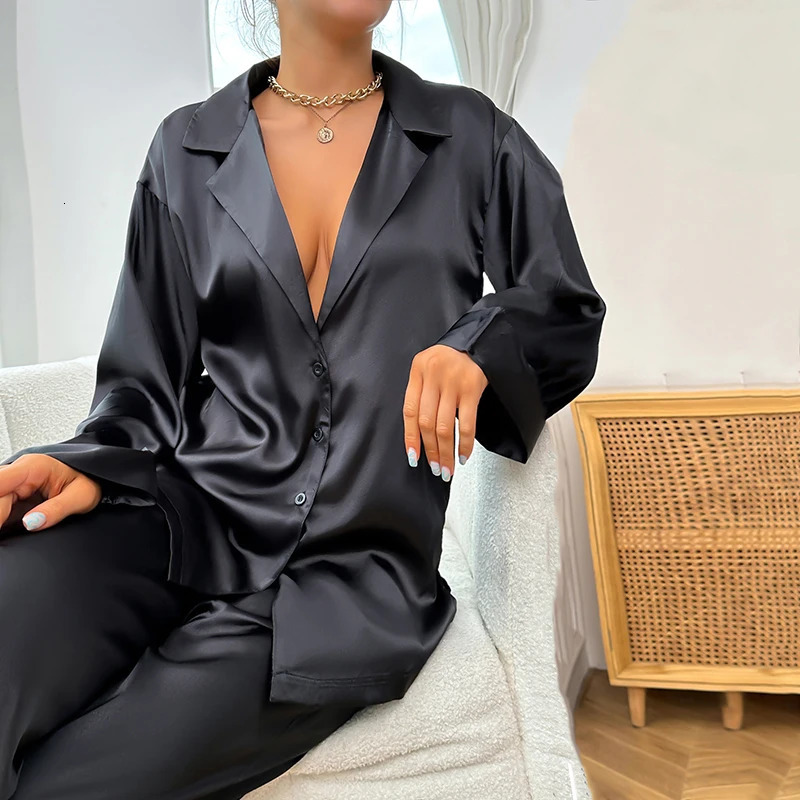 Womens 2 Piece Silk Satin Pajamas Long Sleeve Deep Vneck Lounge Sets Button Down Shirts And Pants Pj Fashion Oversized Outfits 250103