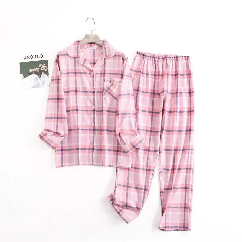 Cotton Flannel Womens Long Pants Pajamas Sets for Sleepwear Plaid n Loose Autumn and Winter Sleeve Trouser Suits 250103