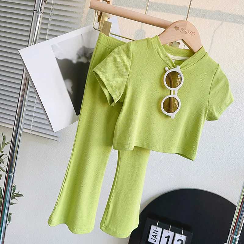 Two piece summer girls sweet fashion set childrens breathable casual clothing solid color Korean round neck setXJ250410