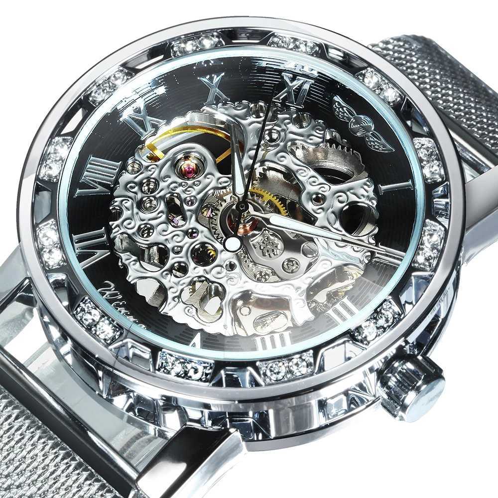 Winners Fashion Carving Skeleton Mens Silver Top Brand Luxury Mechanical Ultra Thin Mesh Str Crystal Neutral Size Clock W250104
