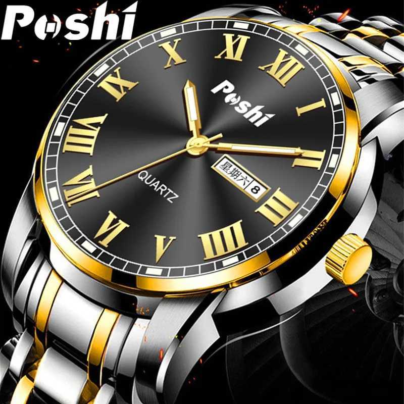POSHI Mens Stainless Steel Top Luxury Button Hidden Buckle Waterproof Luminous Date Week Sports Watch W250104