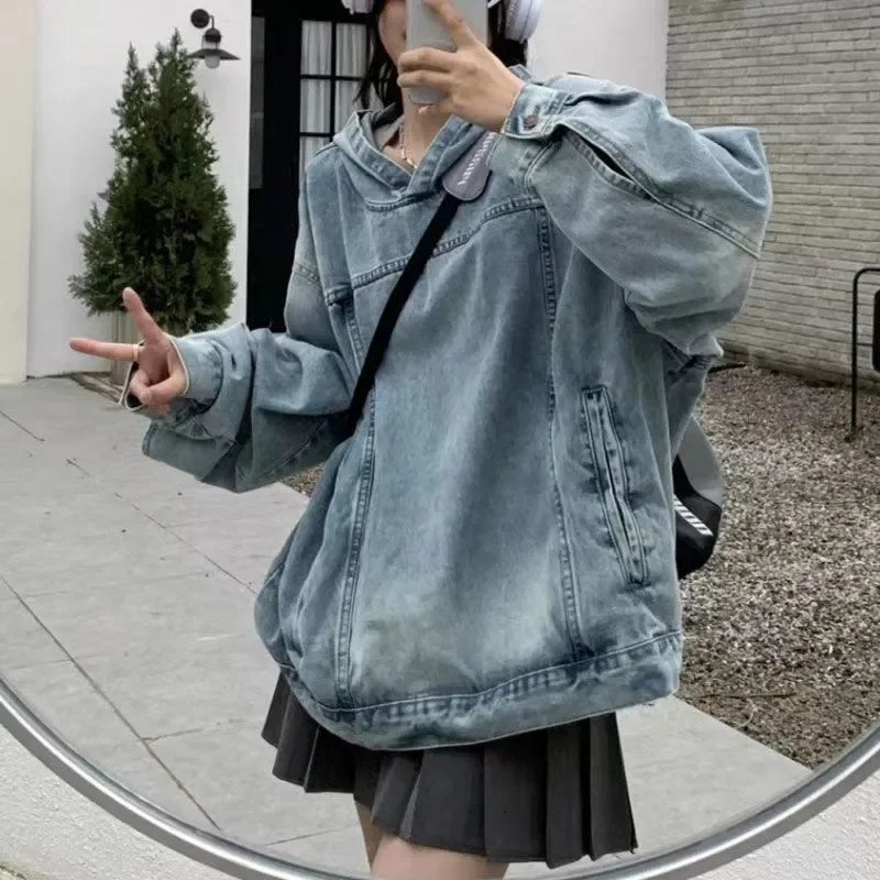American Style Vintage Womens Denim Sweatshirt Jacket Loose Fit Hooded Pullover Sweatshirt Trendy Spring Autumn Arrival 250102