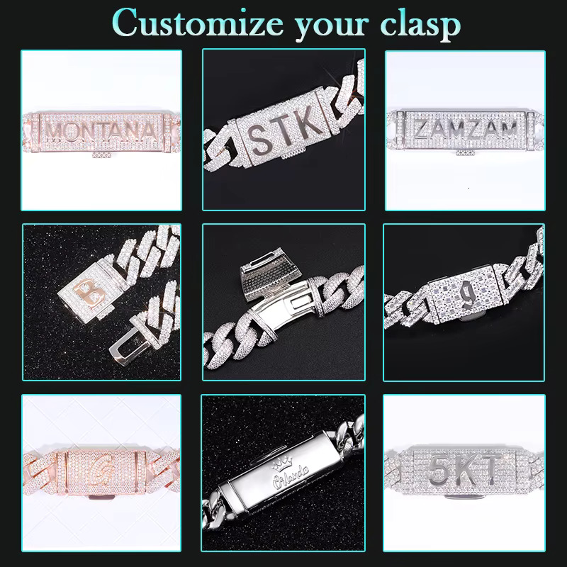 Moissanite Necklace 20mm Hip Hop Jewelry S Sterg Sier Bracelet Men Women VVS Iced Out Cuban k Chain