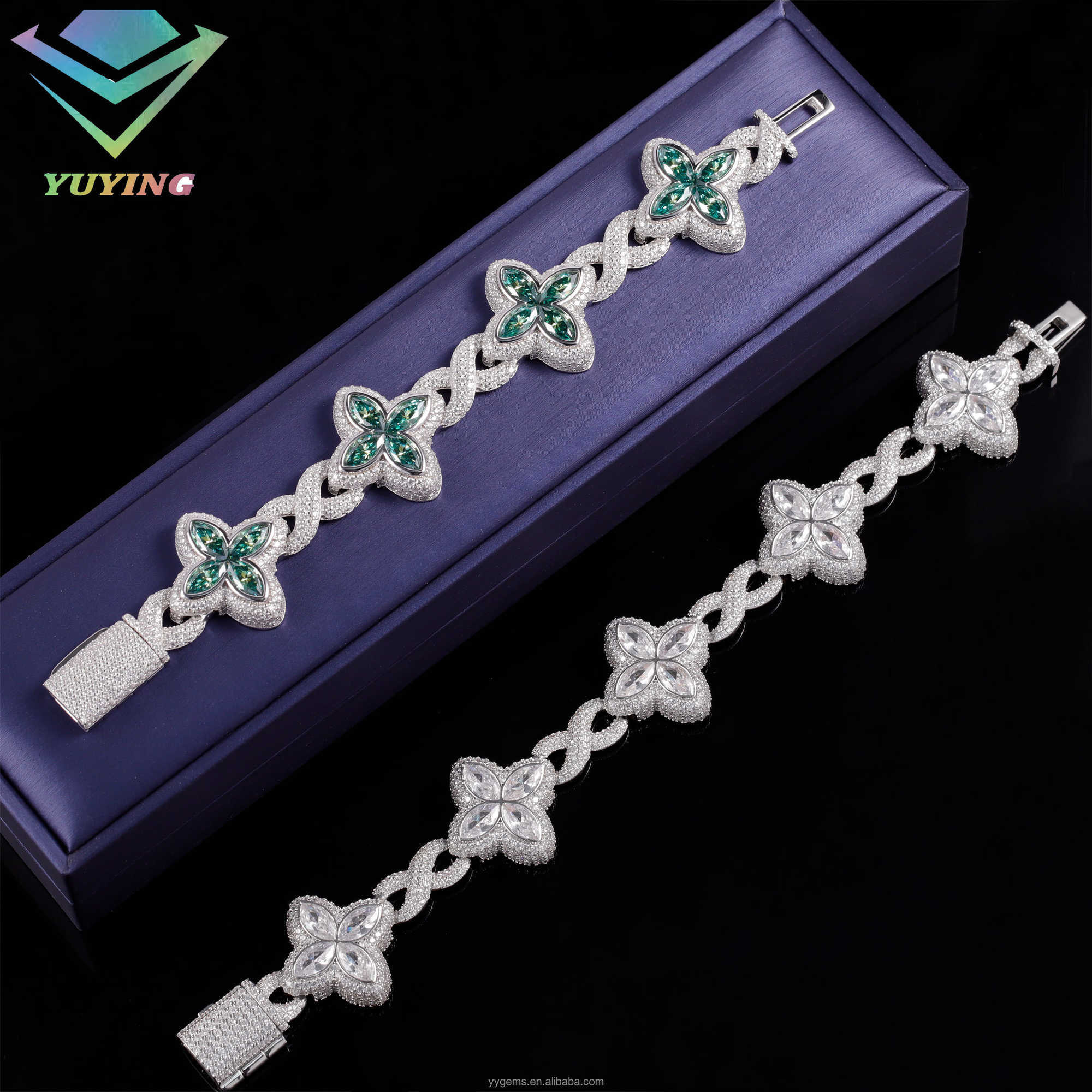 Yy new arrived iced out clovers moissanite bracelets cuban chain 925 sterling silver fine jewelry bracelets for men women