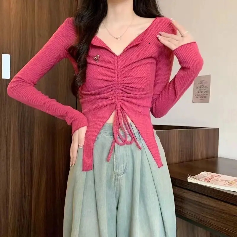 Sweet Drawstring Short T Shirts Spring Autumn long sleeved V-neck solid seam hem sexy slim fit top Y2K fashion womens clothing 250103